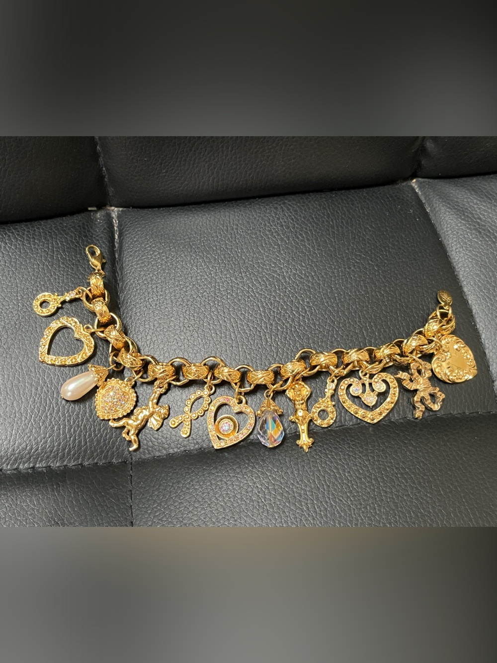 Vintage Kirks Folly Gold Tone Cherub & Heart Charm Bracelet 13 Charms